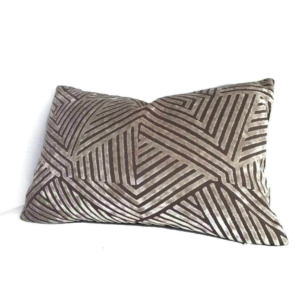 Soho Taupe Beige Cut Velvet Geometric Lines Pillow Cover