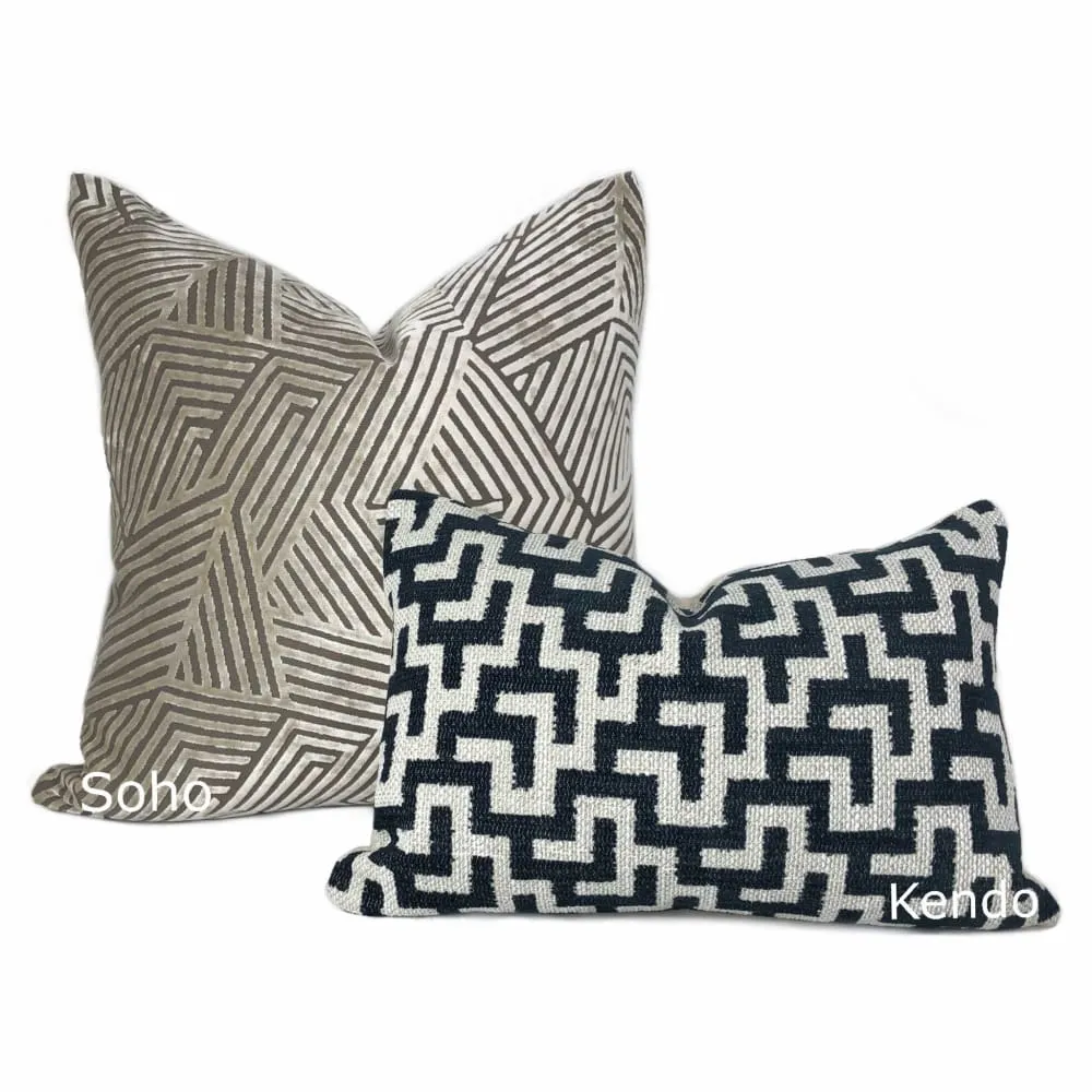 Soho Taupe Beige Cut Velvet Geometric Lines Pillow Cover