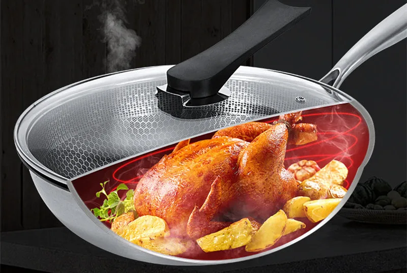 Stainless Steel Wok Non-stick Pan Full Screen Honeycomb Design No Lampblack No Coating Frying Pan Kitchen Tools Kitchenware New