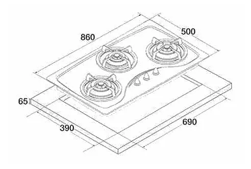 Tecno Uno T 333 TGSV / ALMT Toughened Glass Hob (SCHOTT) Alu-Metallic 86cm, V.V.S  3 Burners (2x Big, 1x Medium)