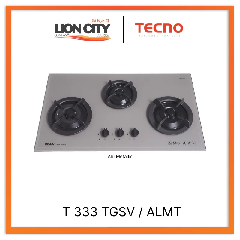 Tecno Uno T 333 TGSV / ALMT Toughened Glass Hob (SCHOTT) Alu-Metallic 86cm, V.V.S  3 Burners (2x Big, 1x Medium)