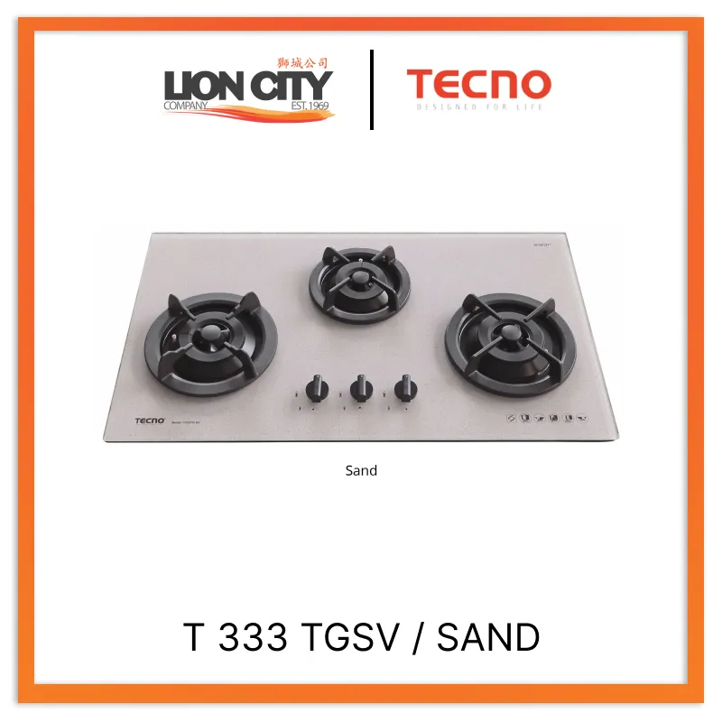 Tecno Uno T 333 TGSV / SAND Toughened Glass Hob (SCHOTT) Sand 86cm, V.V.S  3 Burners (2x Big, 1x Medium)