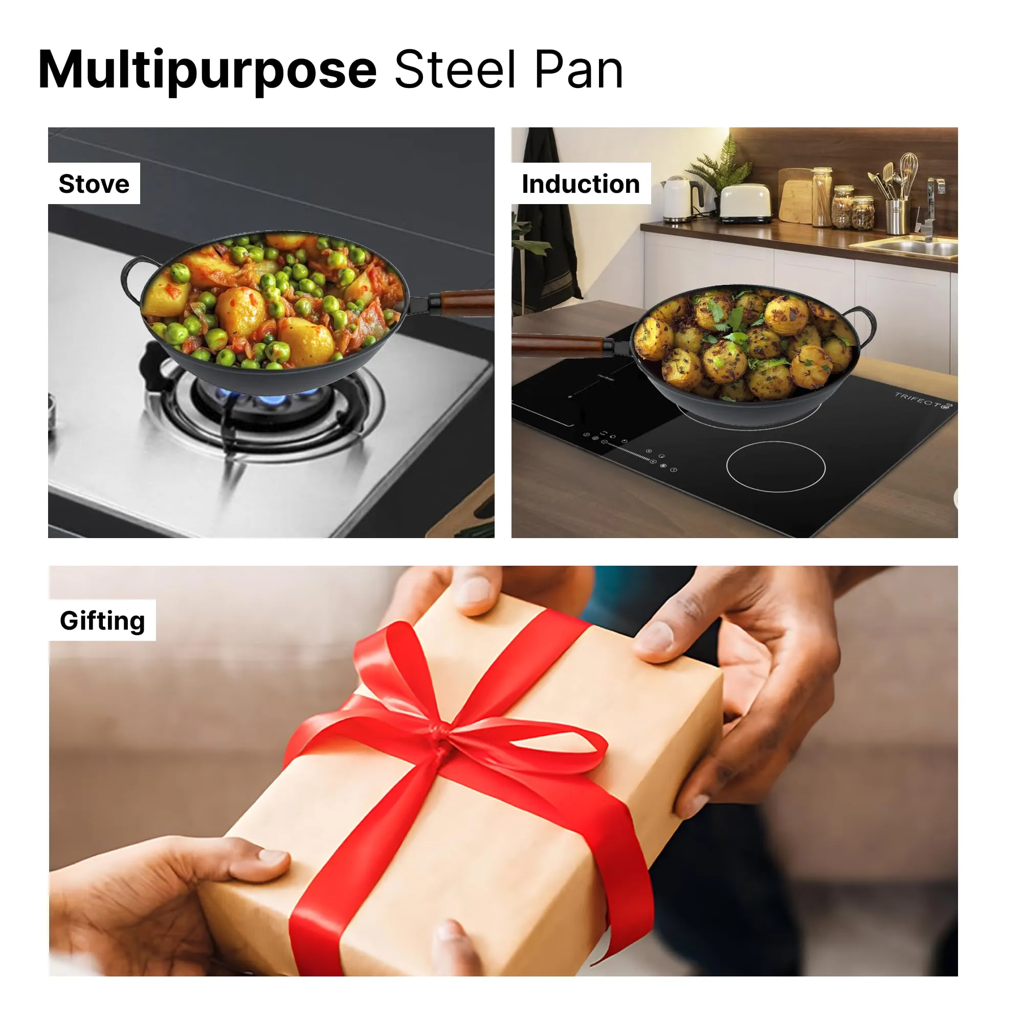 The Better Home SteelPulse Series Chinese Wok With Handle (34cm - 6L) | Deep Frying Carbon Steel Wok | Cooking Pan | Gas & Induction Cookware | Kadai For Induction Cooking | Karahi For Kitchen (Black)