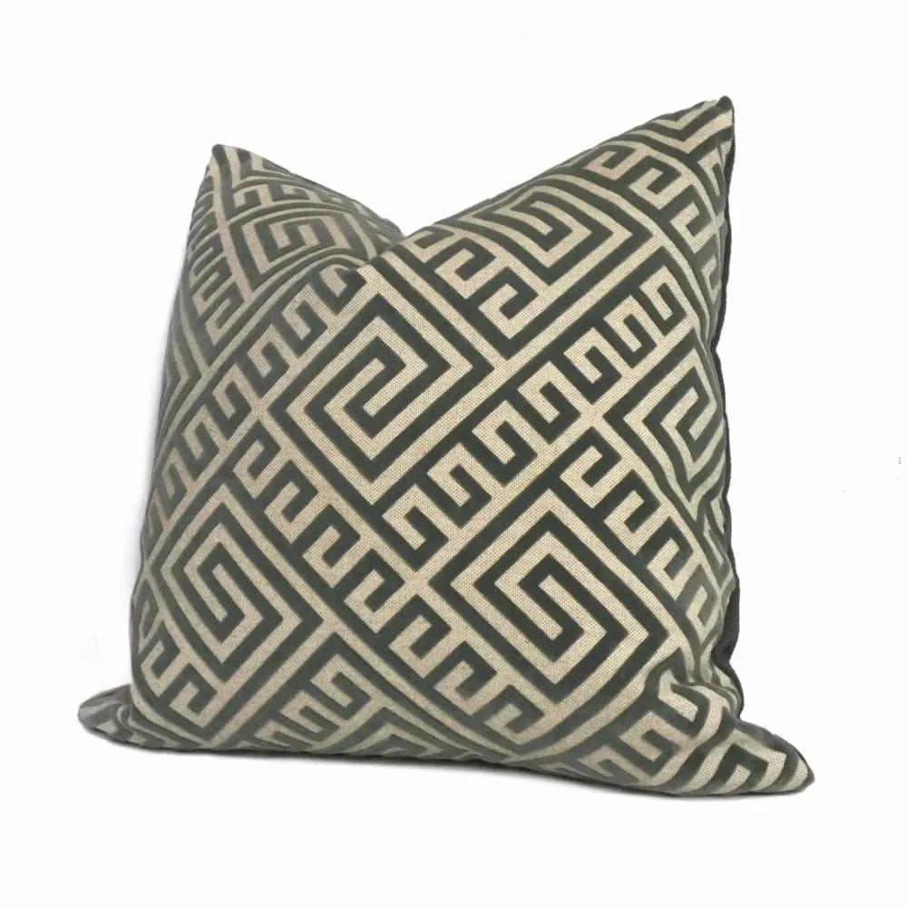 Thebes Thunder Gray & Beige Greek Key Velvet Pillow Cover (Fabric by the Yard available)