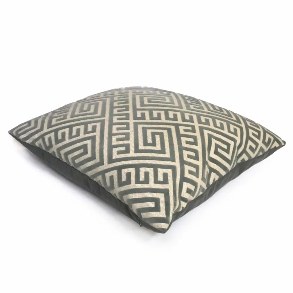 Thebes Thunder Gray & Beige Greek Key Velvet Pillow Cover (Fabric by the Yard available)