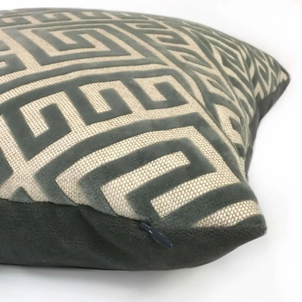 Thebes Thunder Gray & Beige Greek Key Velvet Pillow Cover (Fabric by the Yard available)