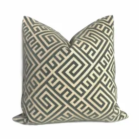 Thebes Thunder Gray & Beige Greek Key Velvet Pillow Cover (Fabric by the Yard available)