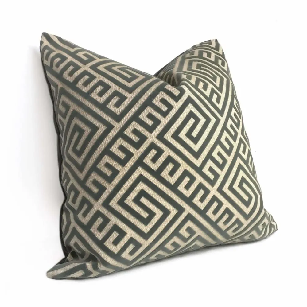 Thebes Thunder Gray & Beige Greek Key Velvet Pillow Cover (Fabric by the Yard available)