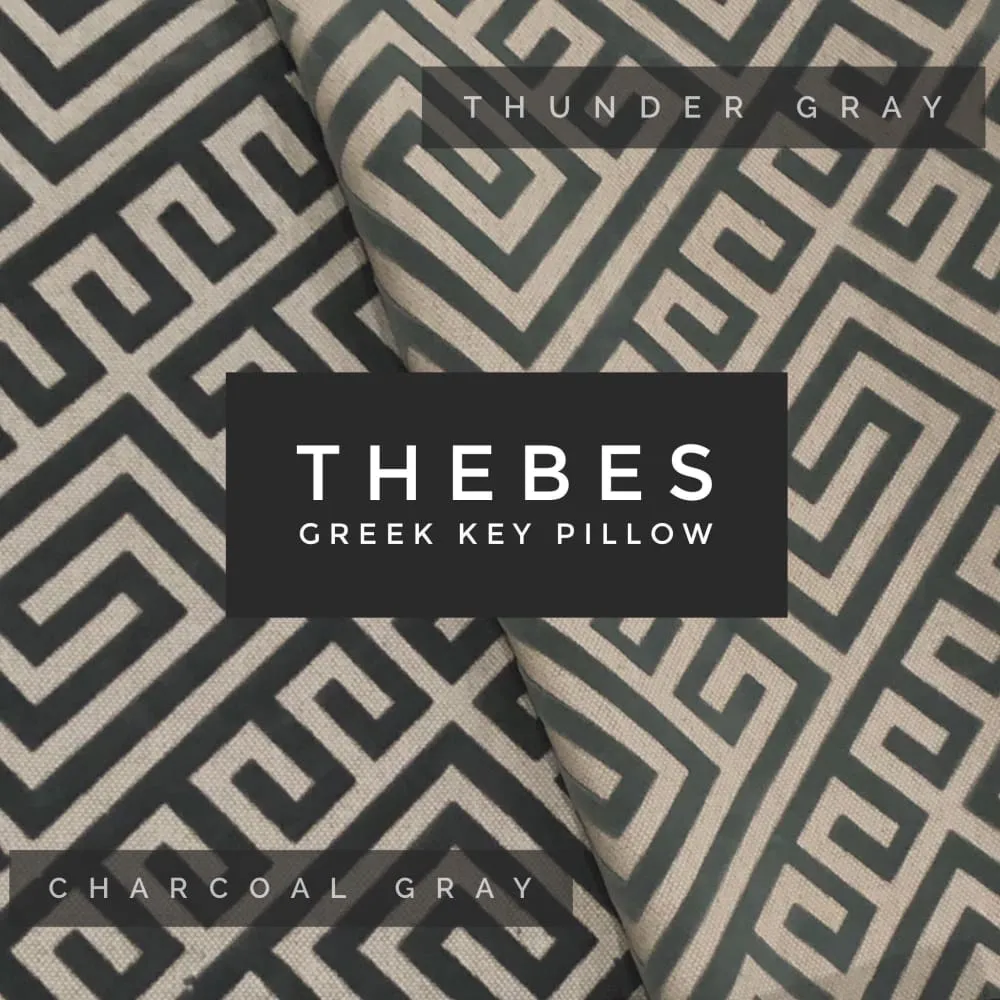 Thebes Thunder Gray & Beige Greek Key Velvet Pillow Cover (Fabric by the Yard available)