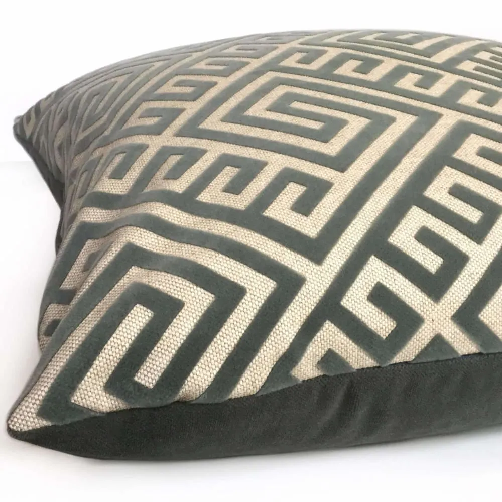 Thebes Thunder Gray & Beige Greek Key Velvet Pillow Cover (Fabric by the Yard available)