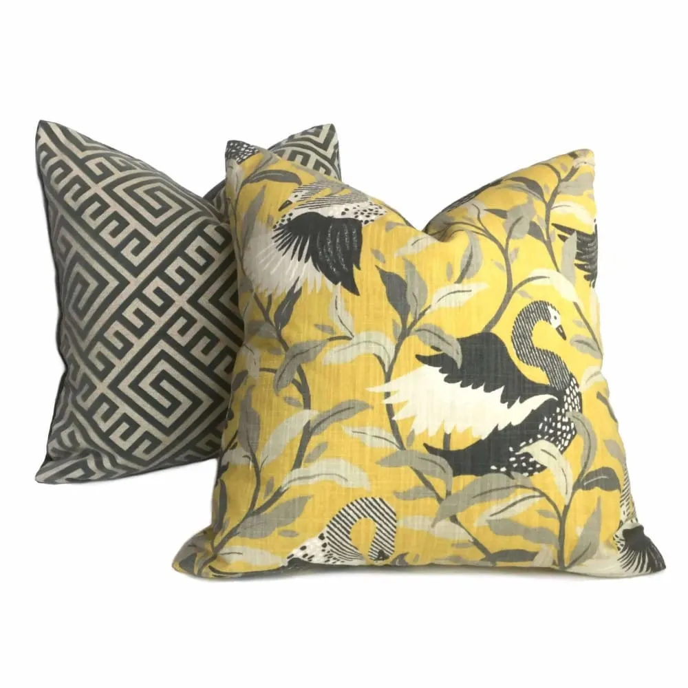 Thebes Thunder Gray & Beige Greek Key Velvet Pillow Cover (Fabric by the Yard available)