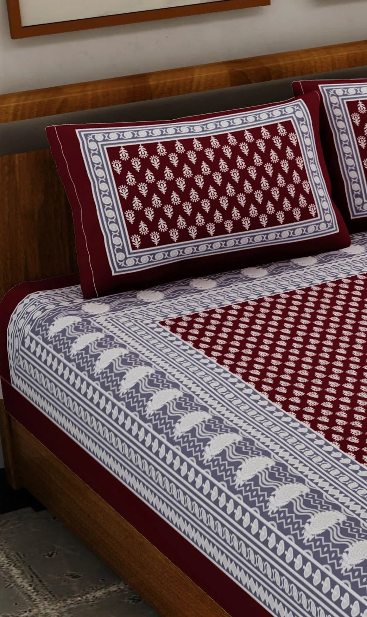 UniqChoice Maroon Color Rajasthani Traditional Printed Double Bedsheet | 120 TC 100% Cotton |with 2 Pillow Cover