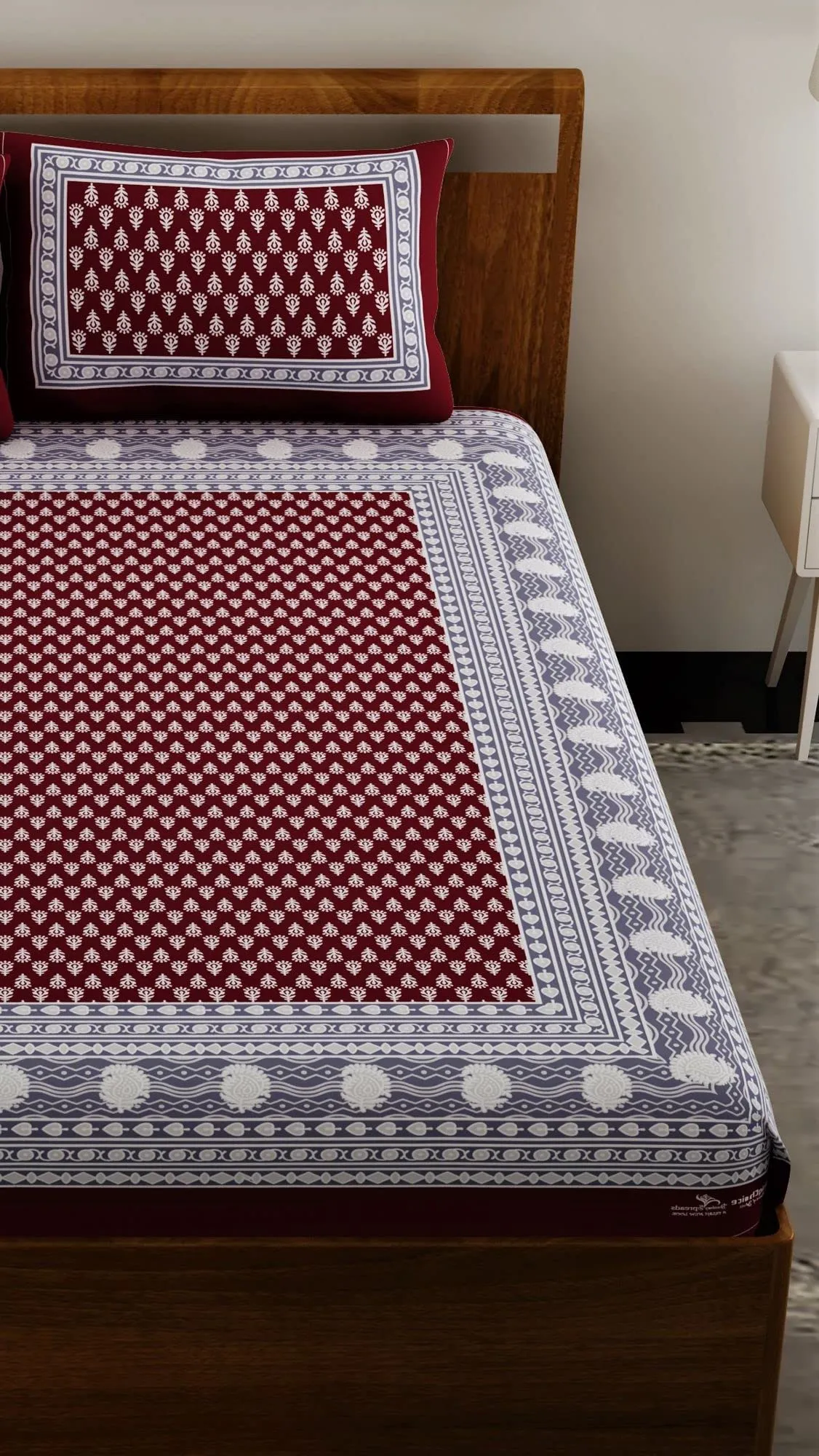 UniqChoice Maroon Color Rajasthani Traditional Printed Double Bedsheet | 120 TC 100% Cotton |with 2 Pillow Cover