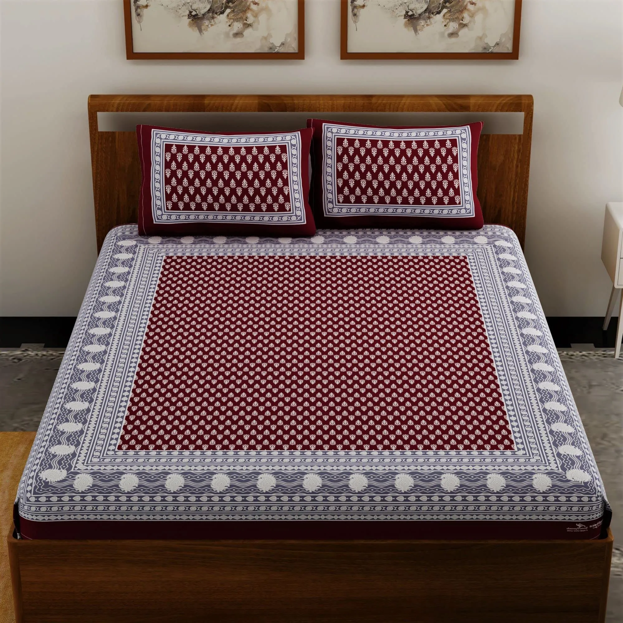 UniqChoice Maroon Color Rajasthani Traditional Printed Double Bedsheet | 120 TC 100% Cotton |with 2 Pillow Cover