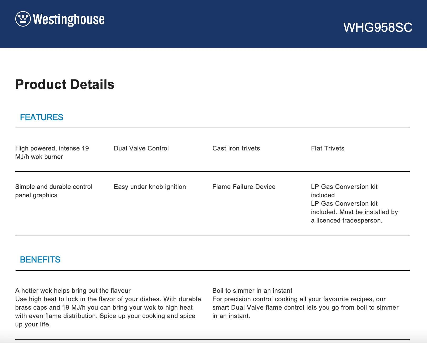 Westinghouse WHG954SC 90cm Stainless Steel Gas Cooktop - New in Box Clearance and Seconds Discount