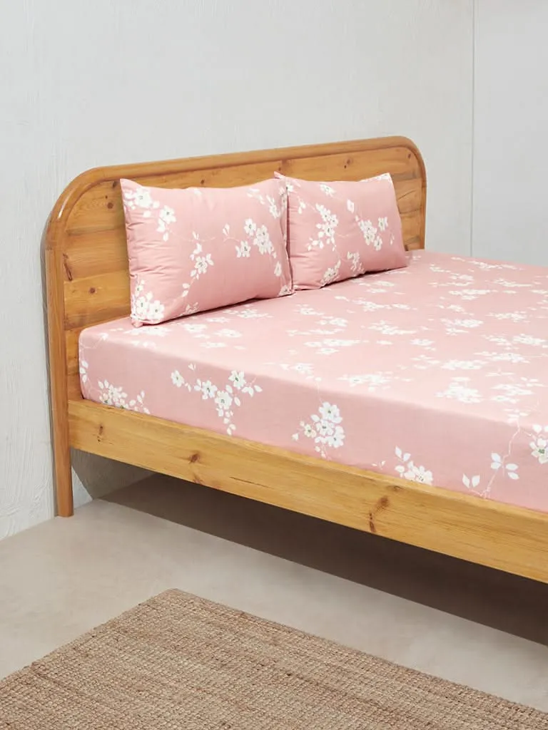 Westside Home Pink Cherry Blossom Double Bed Flat Sheet and Pillowcase Set