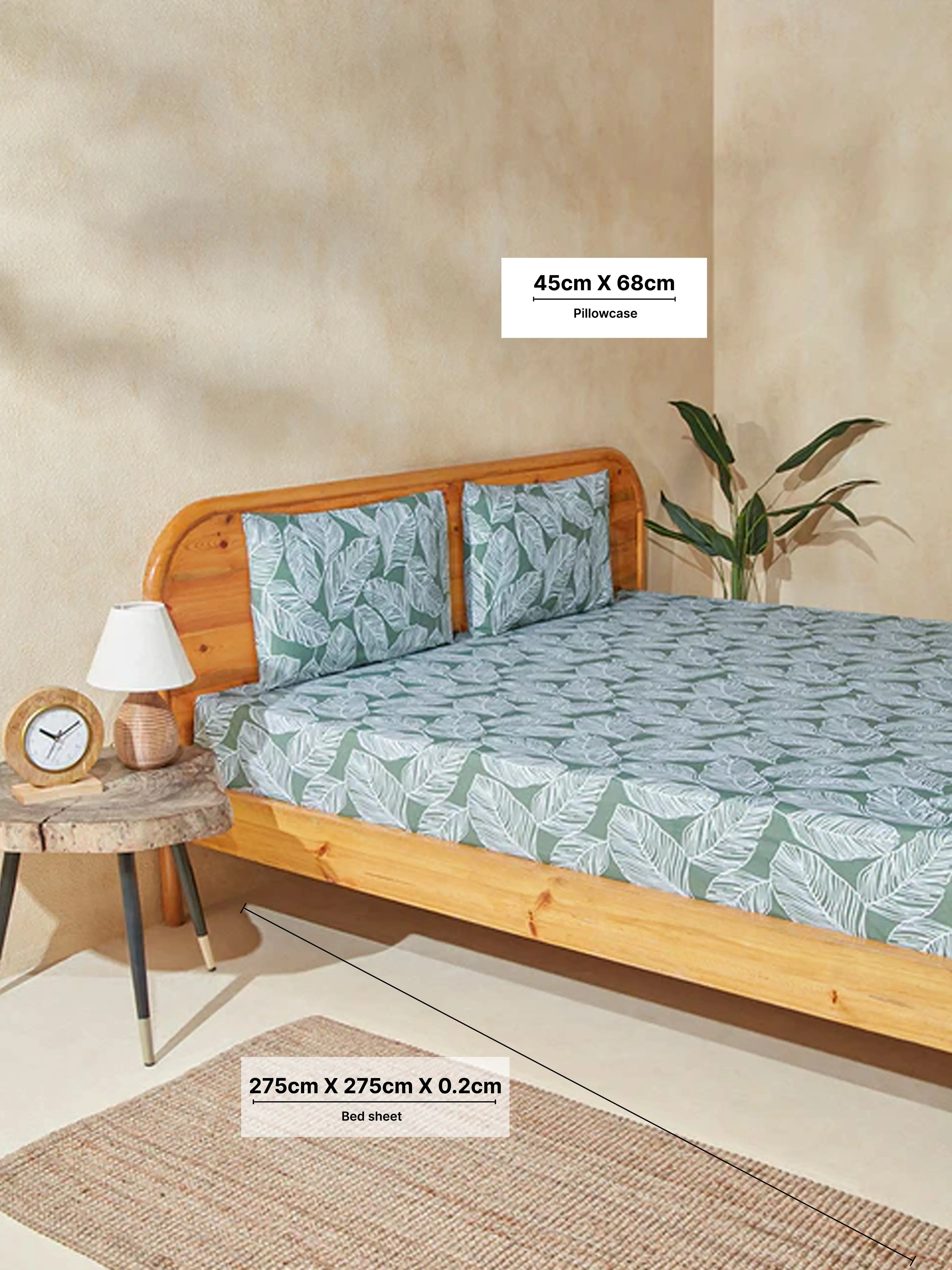 Westside Home Sage Leaf Printed King Bed Flat Sheet and Pillowcase Set