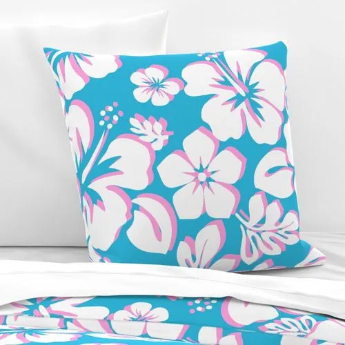 White and Pink Hawaiian Hibiscus Flowers on Aqua Ocean Blue Euro Pillow Sham