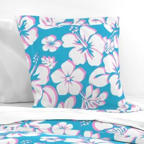 White and Pink Hawaiian Hibiscus Flowers on Aqua Ocean Blue Euro Pillow Sham