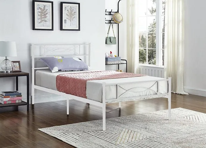 White Metal Bed with Mattress Support