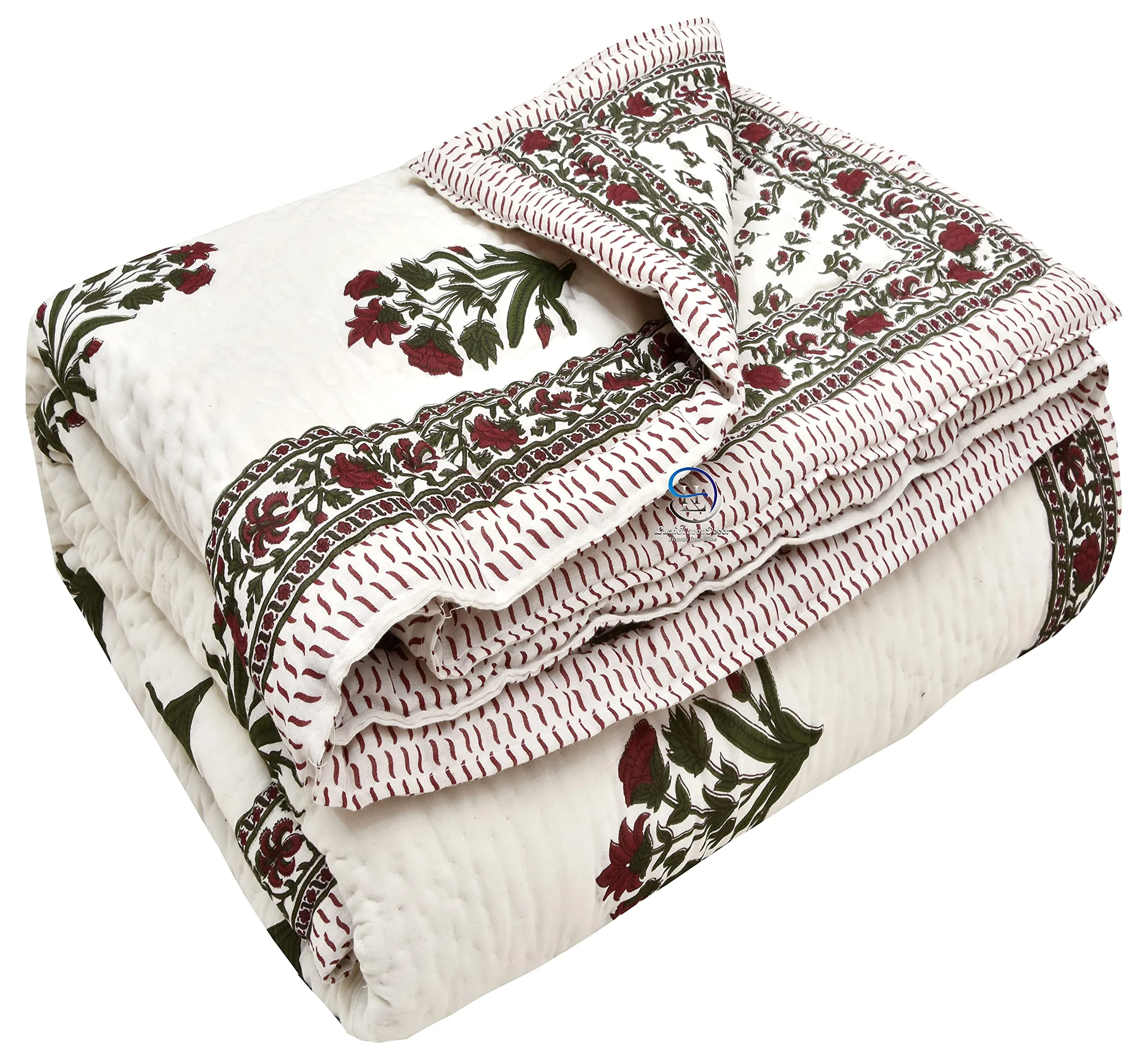 WORLDNEX 400 TC Jaipuri Light Weight Pure Cotton Traditional Hand Block Big Flower Print Double Bed Quilt/Razai/Rajai (White & Green, 90 x 105 Inches, Double Bed)