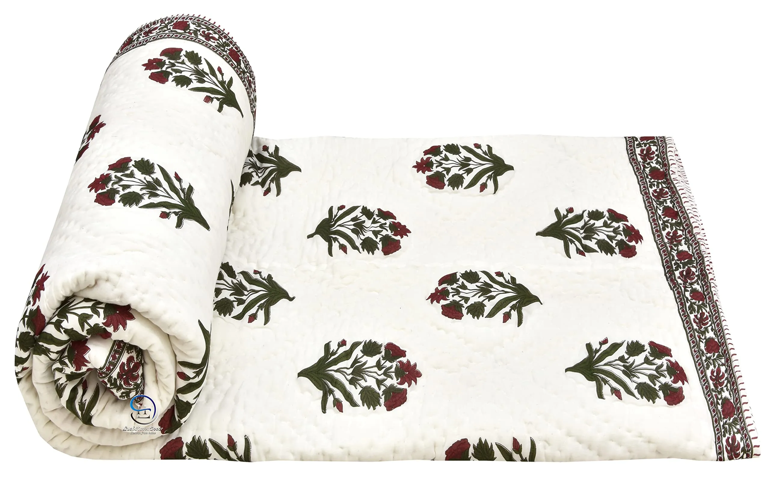 WORLDNEX 400 TC Jaipuri Light Weight Pure Cotton Traditional Hand Block Big Flower Print Double Bed Quilt/Razai/Rajai (White & Green, 90 x 105 Inches, Double Bed)