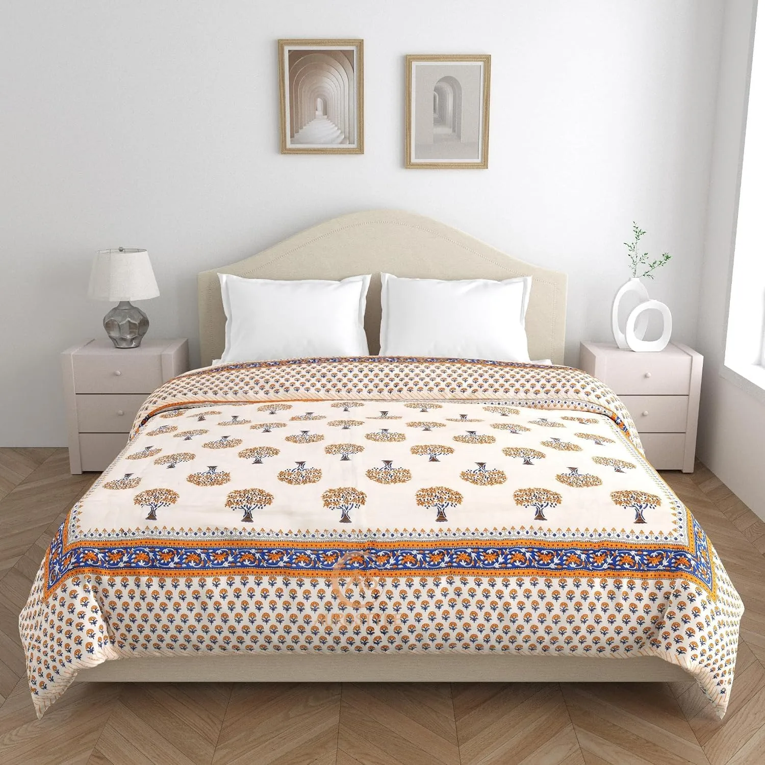 WORLDNEX 400 TC Jaipuri Light Weight Pure Cotton Traditional Hand Block Big Flower Print Double Bed Quilt/Razai/Rajai (White & Yellow, 90 x 105 Inches, Double Bed)