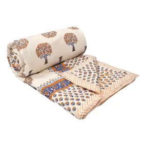 WORLDNEX 400 TC Jaipuri Light Weight Pure Cotton Traditional Hand Block Big Flower Print Double Bed Quilt/Razai/Rajai (White & Yellow, 90 x 105 Inches, Double Bed)