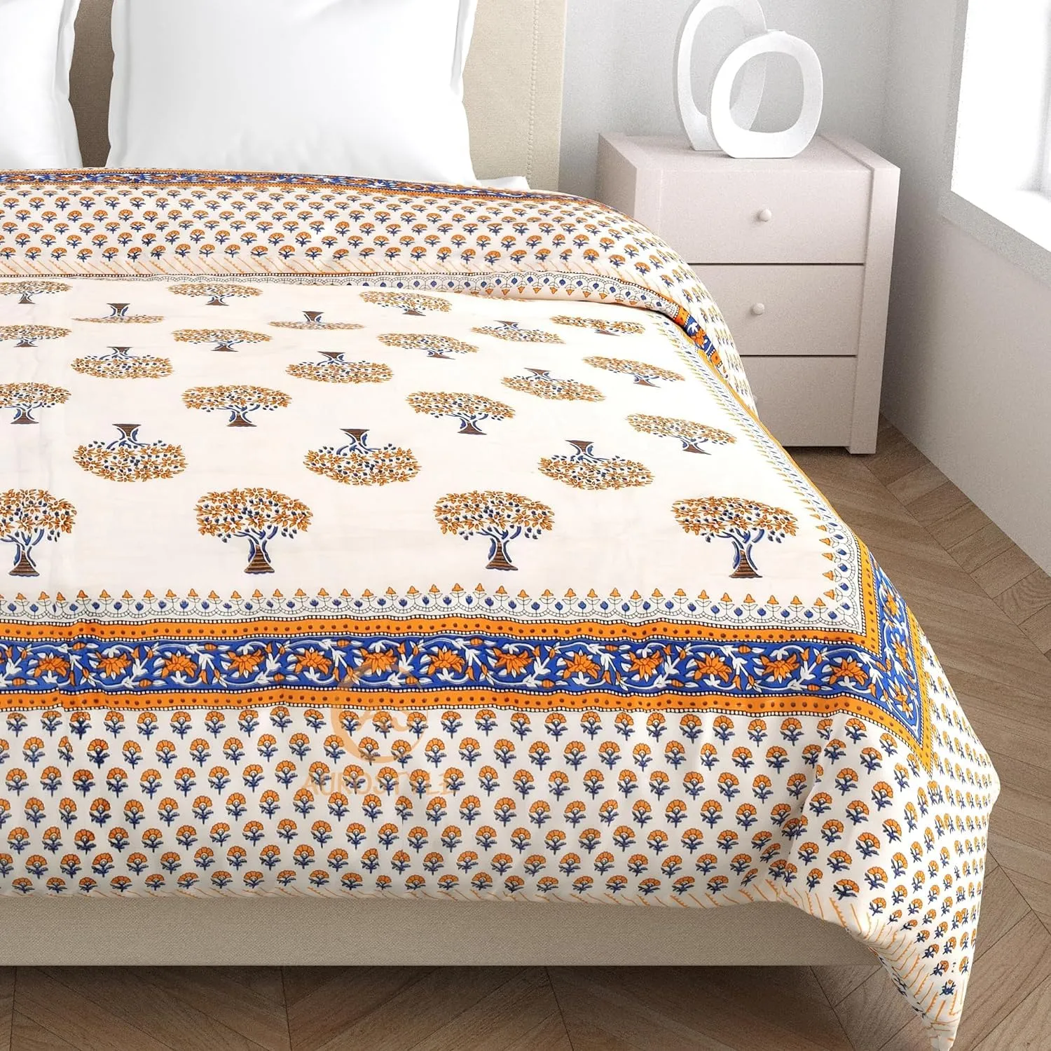 WORLDNEX 400 TC Jaipuri Light Weight Pure Cotton Traditional Hand Block Big Flower Print Double Bed Quilt/Razai/Rajai (White & Yellow, 90 x 105 Inches, Double Bed)