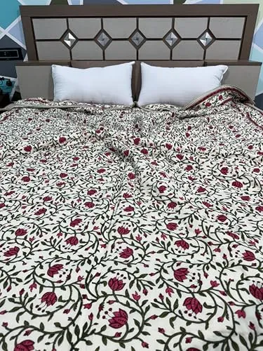 WORLDNEX 400 TC Pure Cotton Double Bed Soft Jaipuri AC Quilt/Razai/Rajai Floral Print,Jaipuri razai Double Bed for Winter Printed White, Pink (85 x 100 inch, Double Bed)