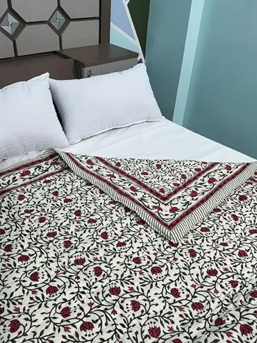 WORLDNEX 400 TC Pure Cotton Double Bed Soft Jaipuri AC Quilt/Razai/Rajai Floral Print,Jaipuri razai Double Bed for Winter Printed White, Pink (85 x 100 inch, Double Bed)