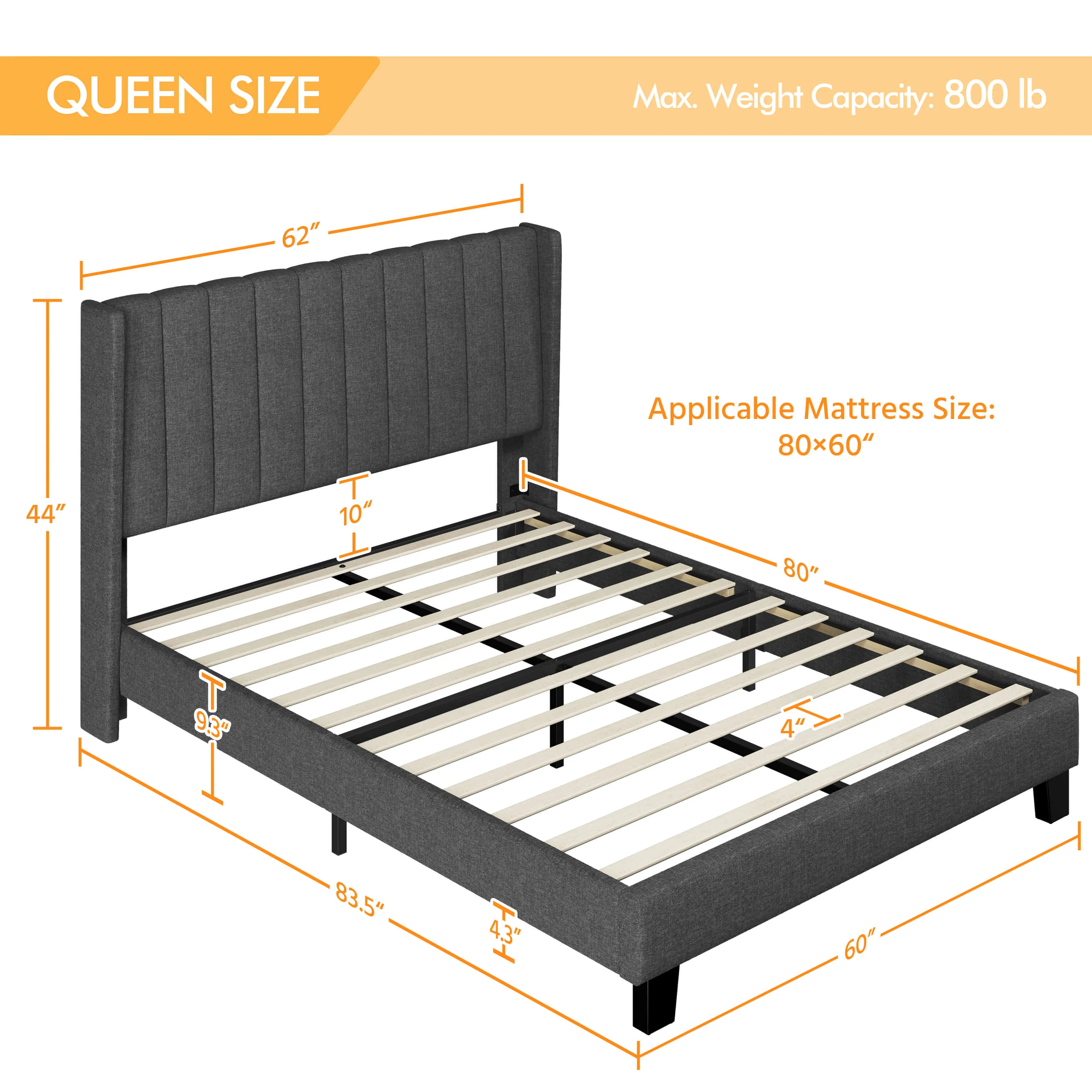 Yaheetech Bed Frame with Wing Side, Dark Gray